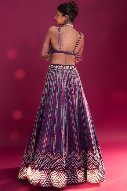 Dark purple embroidered ajrakh jacket with bralette and lehenga