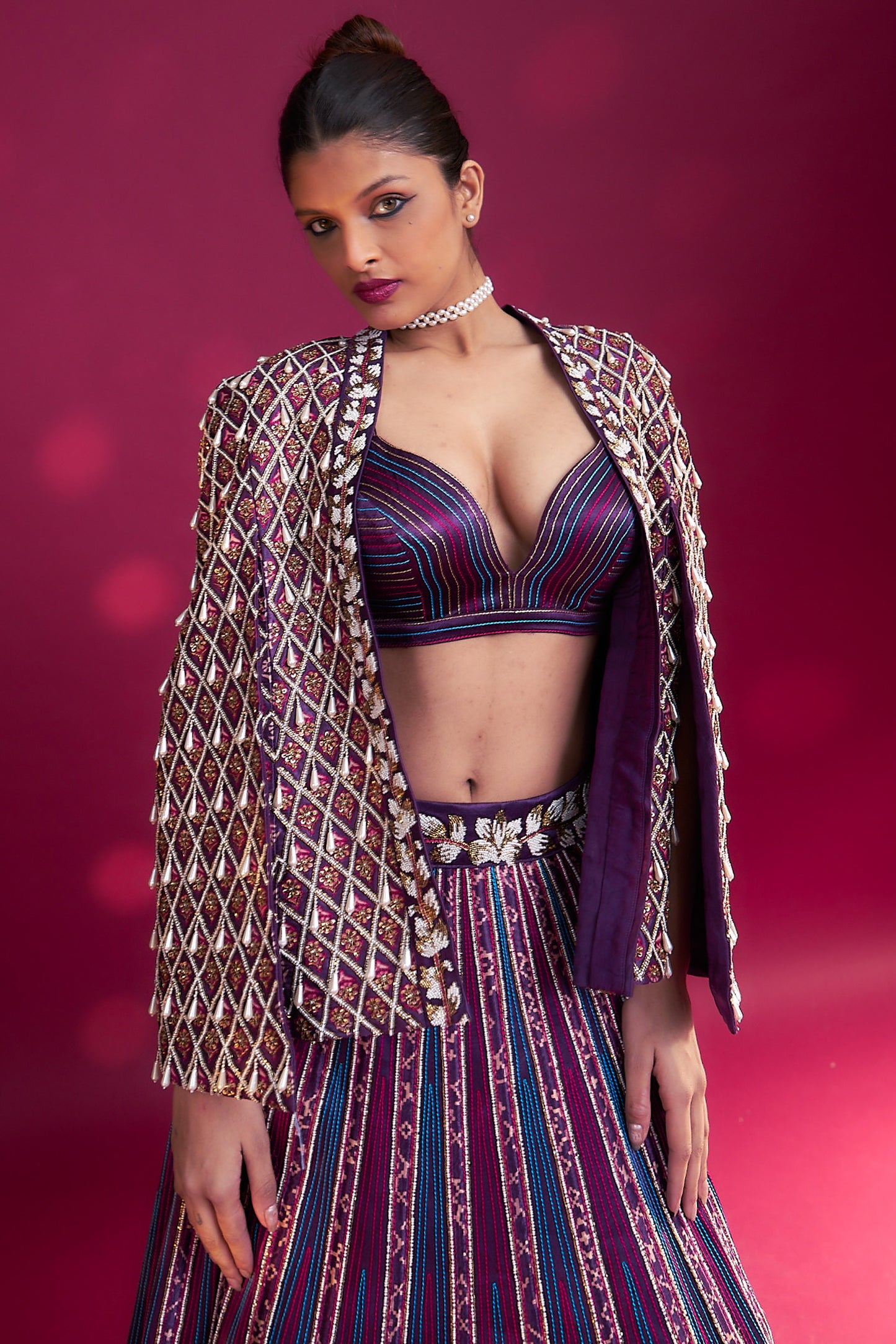 Dark purple embroidered ajrakh jacket with bralette and lehenga