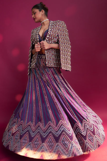 Dark purple embroidered ajrakh jacket with bralette and lehenga