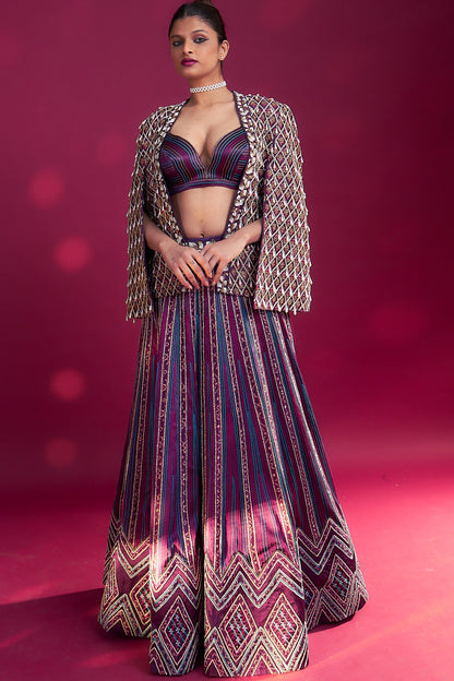 Dark purple embroidered ajrakh jacket with bralette and lehenga