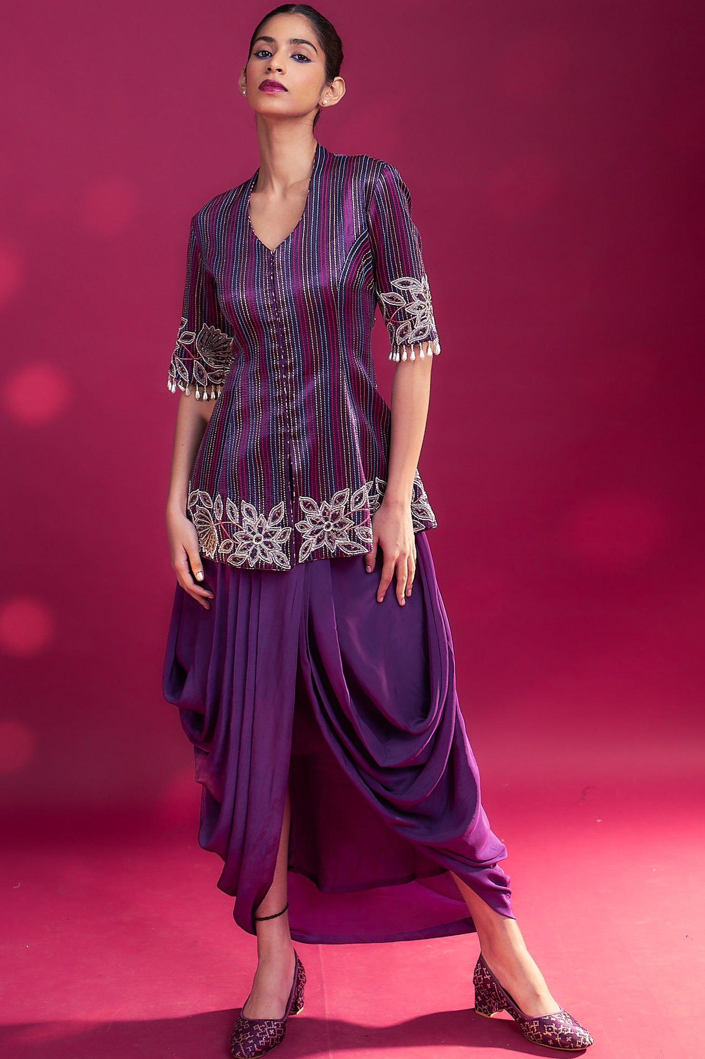 Dark purple ajrakh patchworked peplum jacket with drape dhoti skirt