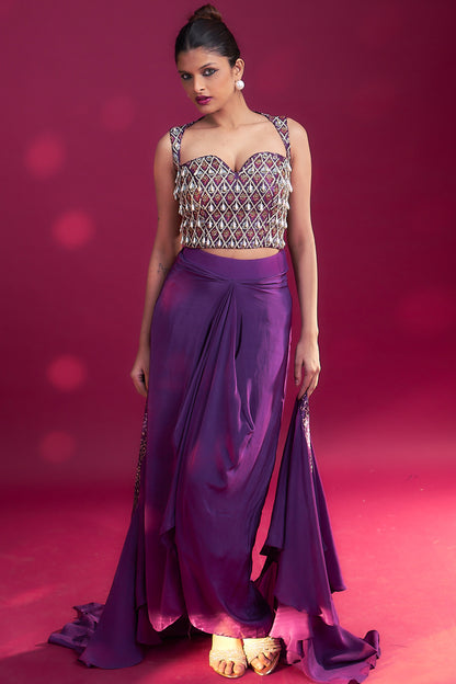 Dark purple ajrakh embellished blouse with drape skirt and ruffled dupatta