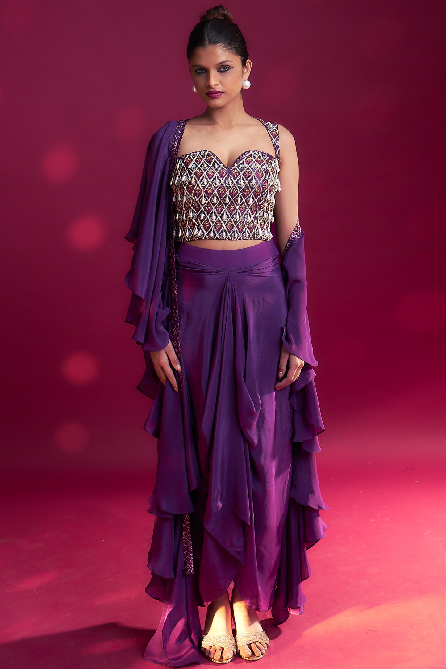 Dark purple ajrakh embellished blouse with drape skirt and ruffled dupatta