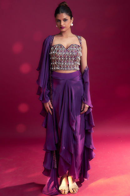 Dark purple ajrakh embellished blouse with drape skirt and ruffled dupatta