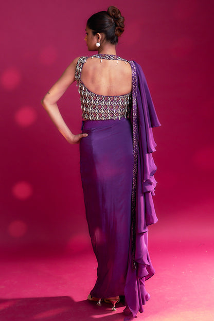 Dark purple ajrakh embellished blouse with drape skirt and ruffled dupatta