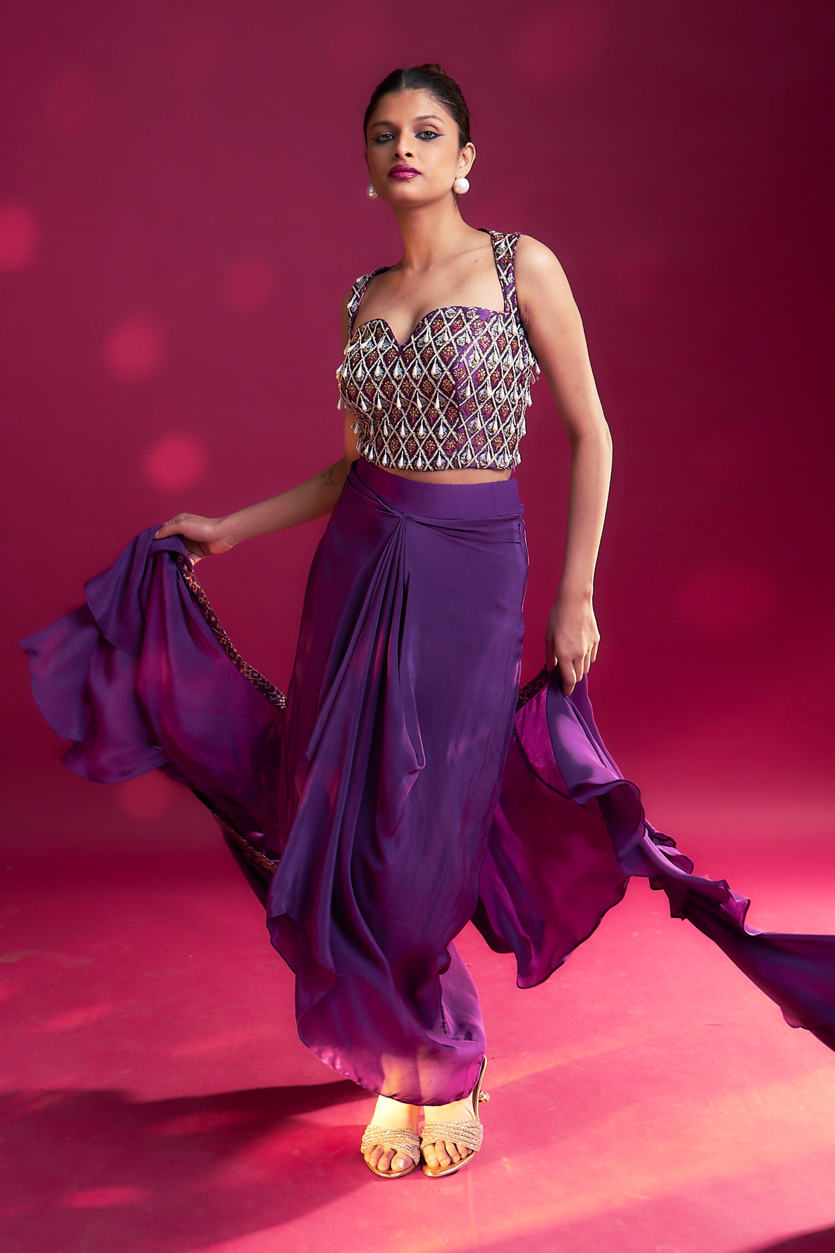 Dark purple ajrakh embellished blouse with drape skirt and ruffled dupatta