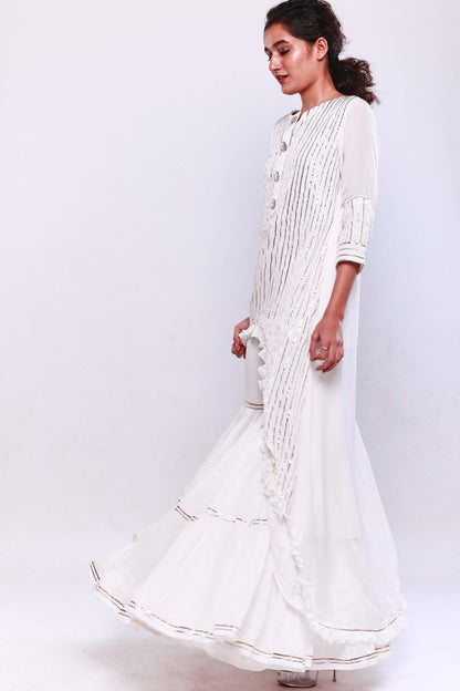 Off white asymmetric kurta with sharara set