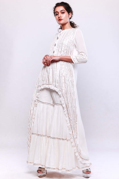 Off white asymmetric kurta with sharara set