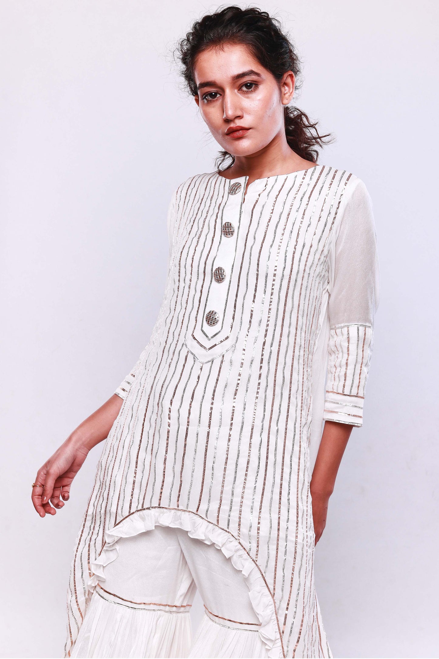 Off white asymmetric kurta with sharara set