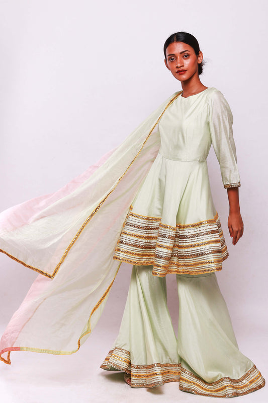 Mint green top with sharara and dupatta set