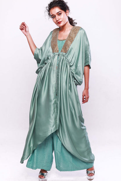 Teal Blue Asymmetric kaftan with pants and inner set