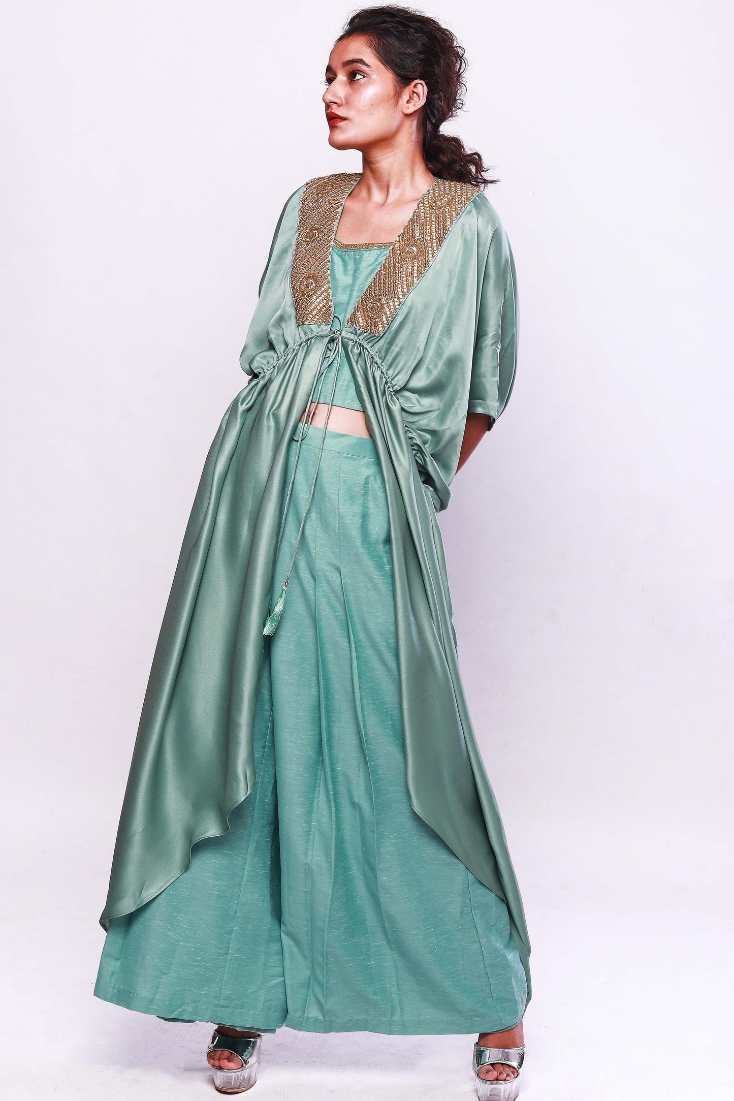 Teal Blue Asymmetric kaftan with pants and inner set