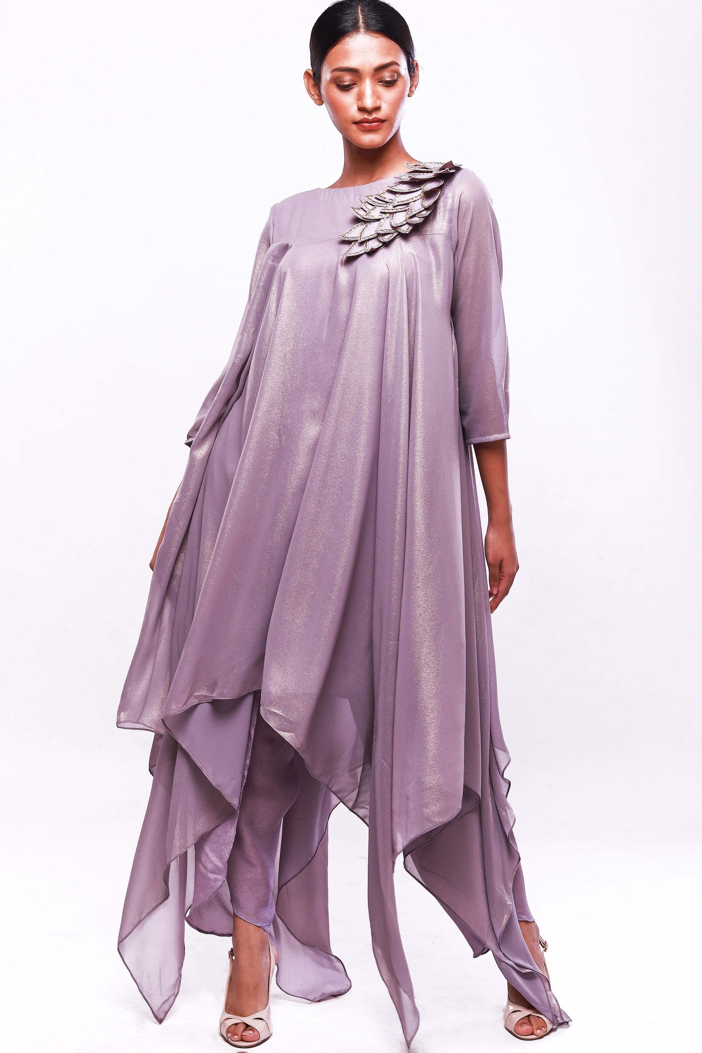 Lavender Asymmetric tunic with tulip pants set