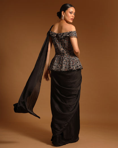 Black Ajrakh Gown Saree