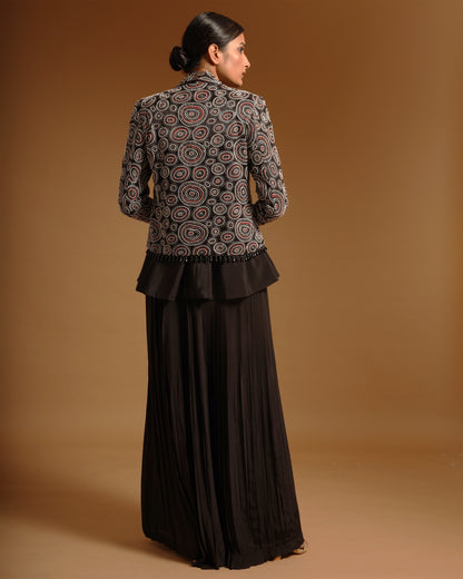 Black Ajrakh embellished jacket with black peplum top and pleated pants