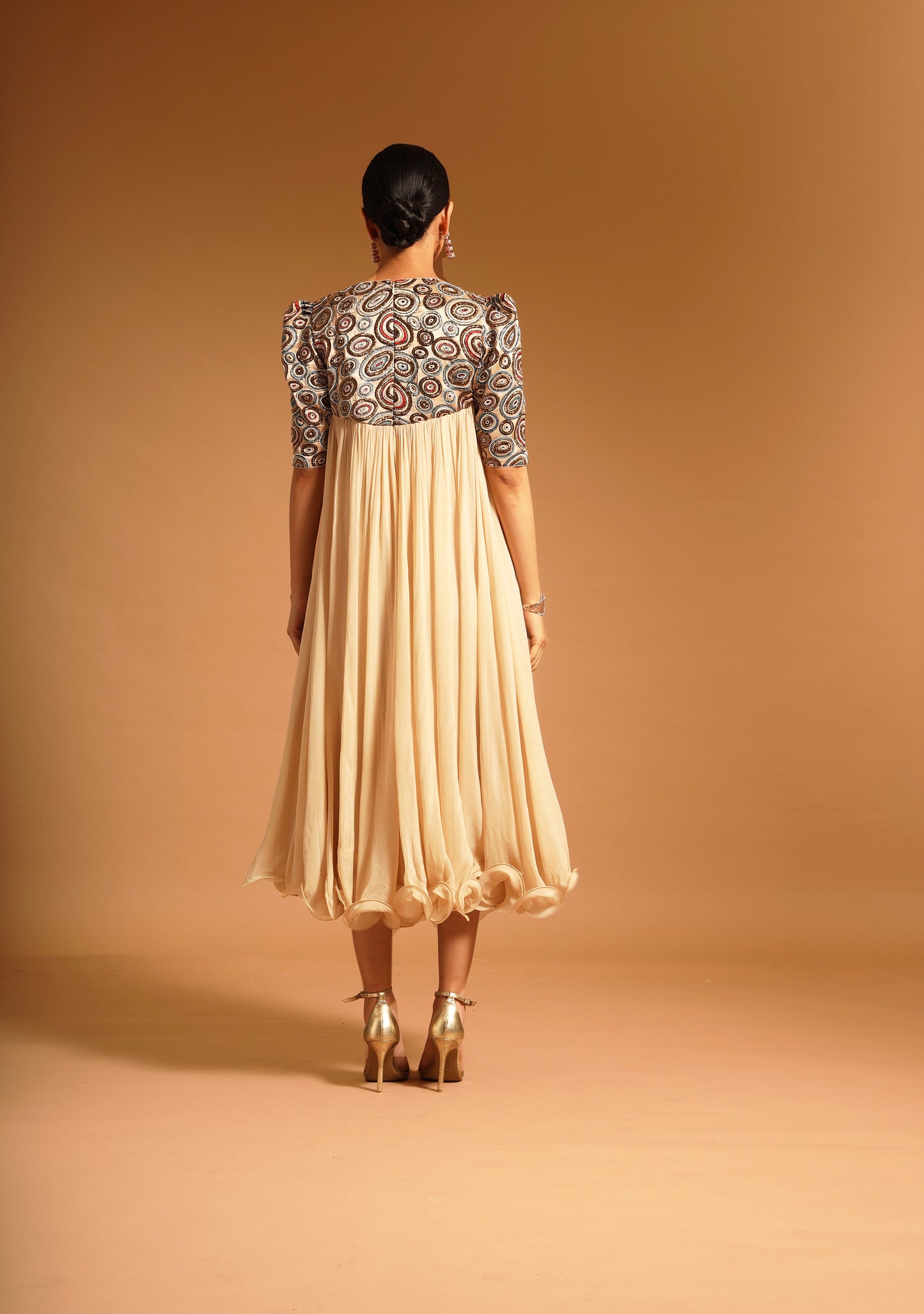 Beige Ajrak Embellished Yoke Dress