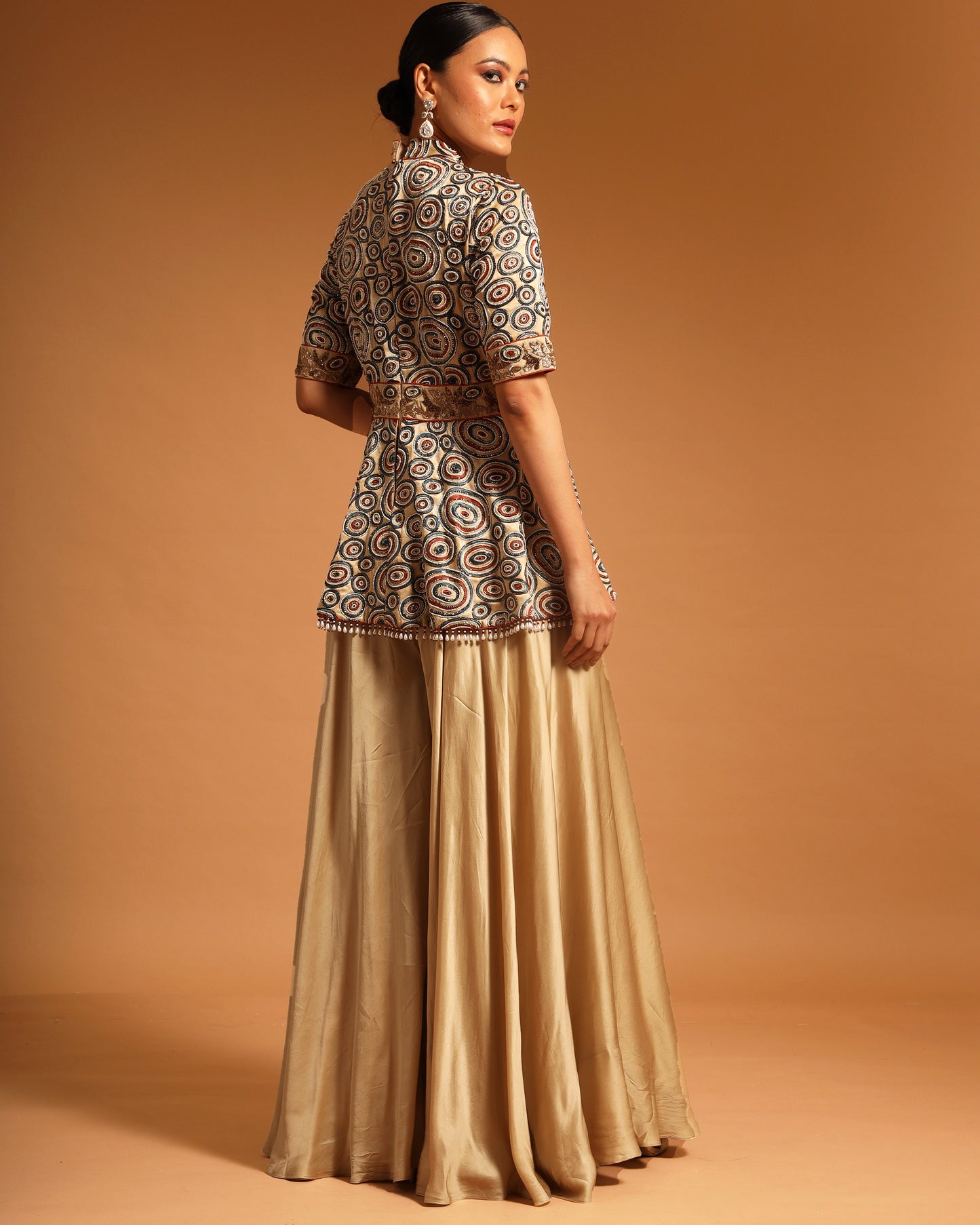 Beige Ajrak Embellished Peplum Jumpsuit