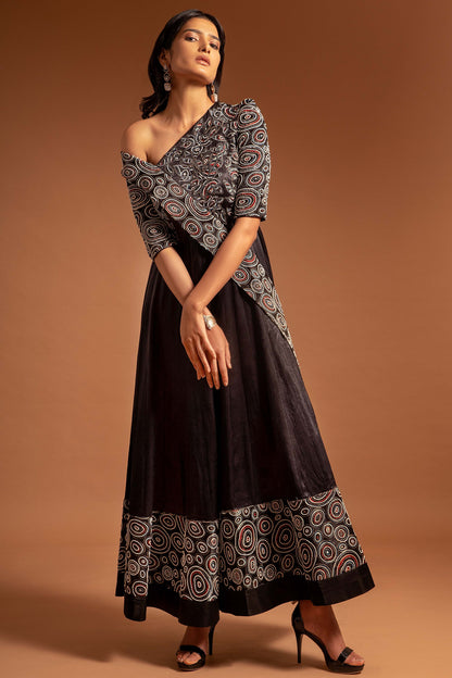 Black Ajrak Embellished Yoke Anarkali