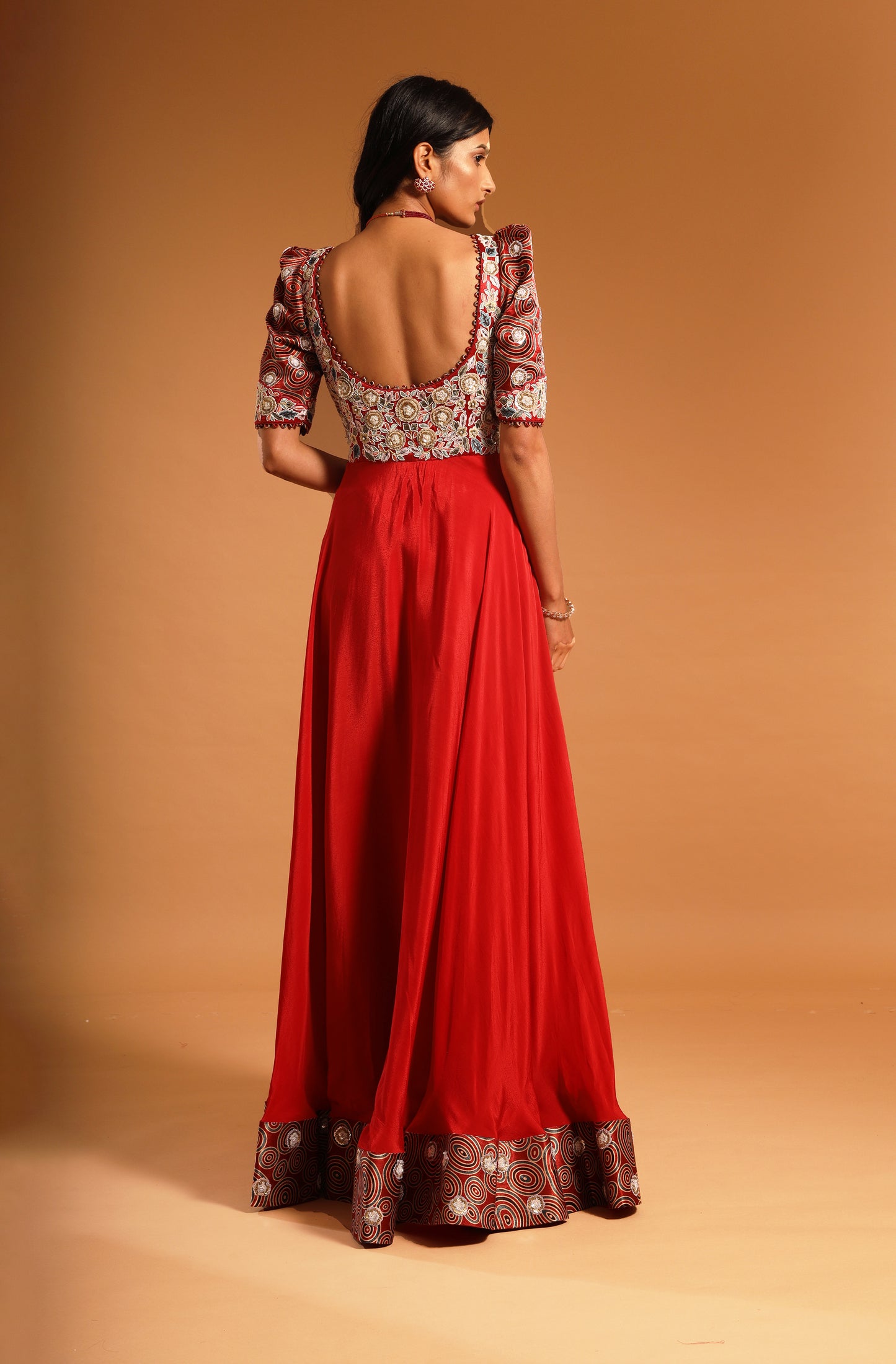 Red Embroidered Umbrella Gown