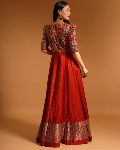 Red Ajrakh Patch work Anarkali with ruffled dupatta
