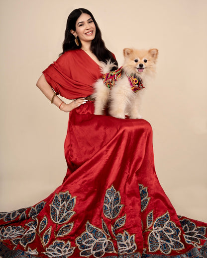 Baandgee Kalra in Red Poncho sleeve patchworked Gown with Belt