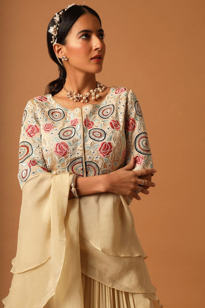 "Elegant Fully Handcrafted Blouse with Gathered Lehenga, beautifully paired up with a Double-Layered Organza Dupatta for a timeless and graceful look."