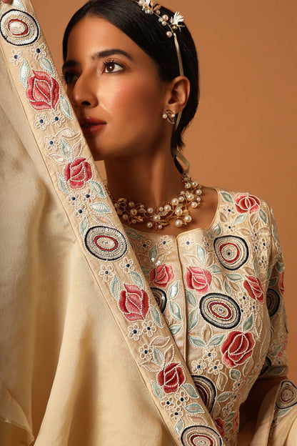 "Elegant Fully Handcrafted Blouse with Gathered Lehenga, beautifully paired up with a Double-Layered Organza Dupatta for a timeless and graceful look."