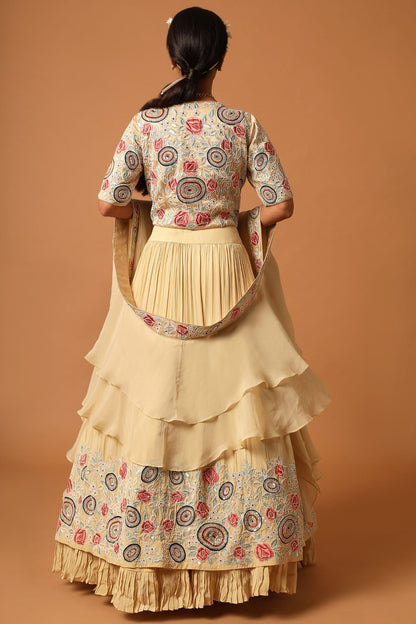 "Elegant Fully Handcrafted Blouse with Gathered Lehenga, beautifully paired up with a Double-Layered Organza Dupatta for a timeless and graceful look."