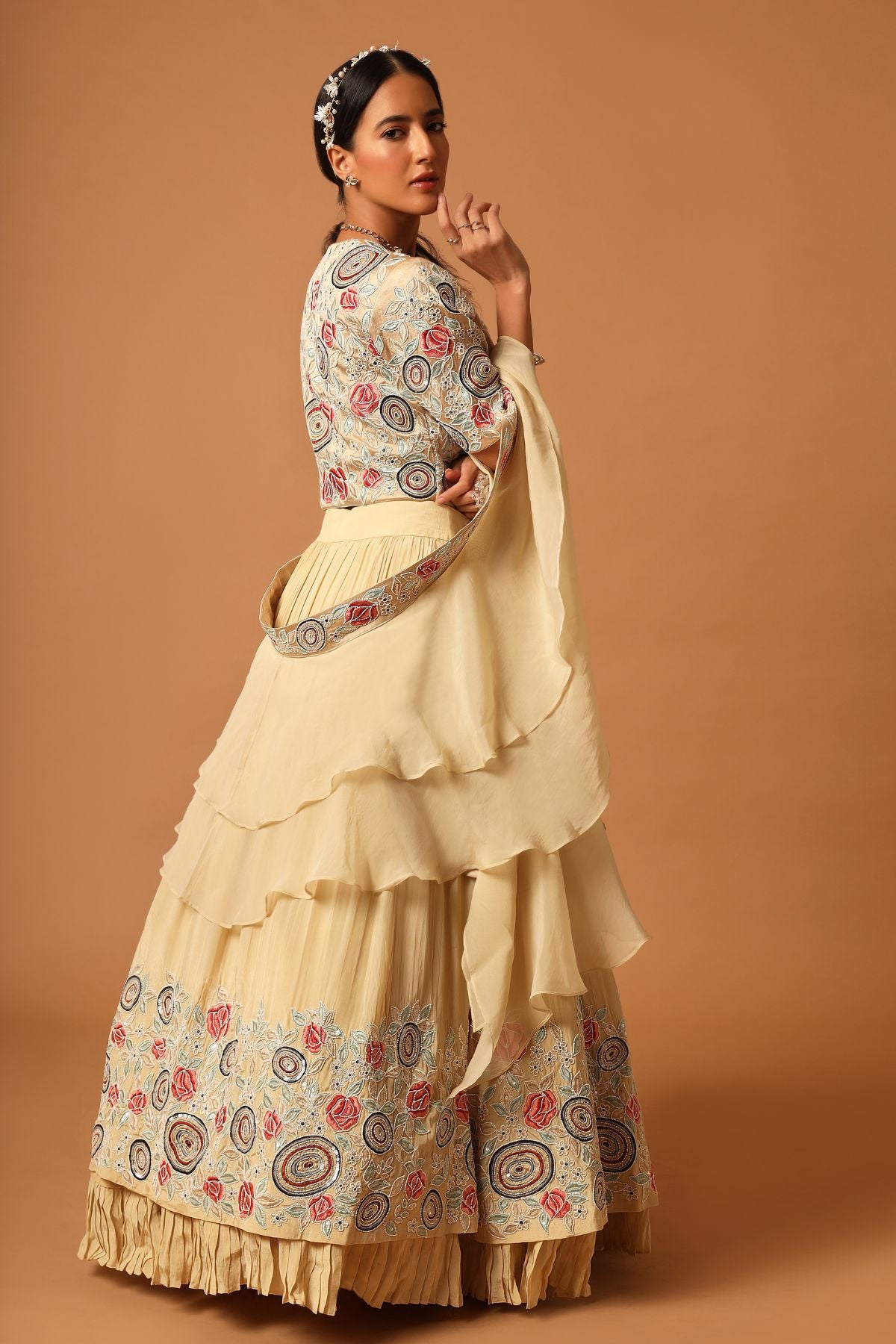 "Elegant Fully Handcrafted Blouse with Gathered Lehenga, beautifully paired up with a Double-Layered Organza Dupatta for a timeless and graceful look."