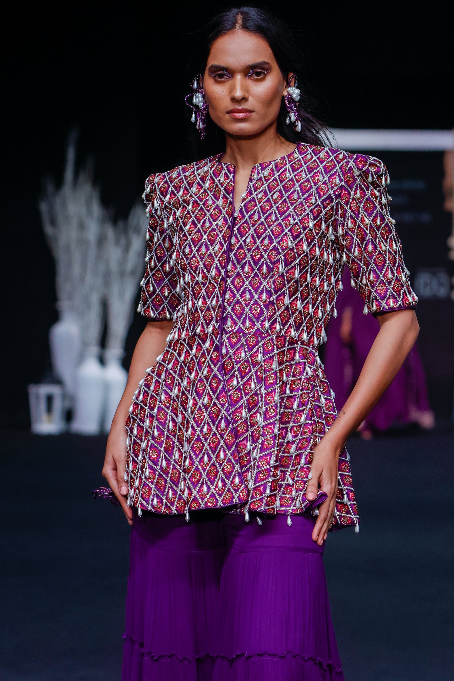 Purple fully embellished ajrakh peplum top with gathered sharara set