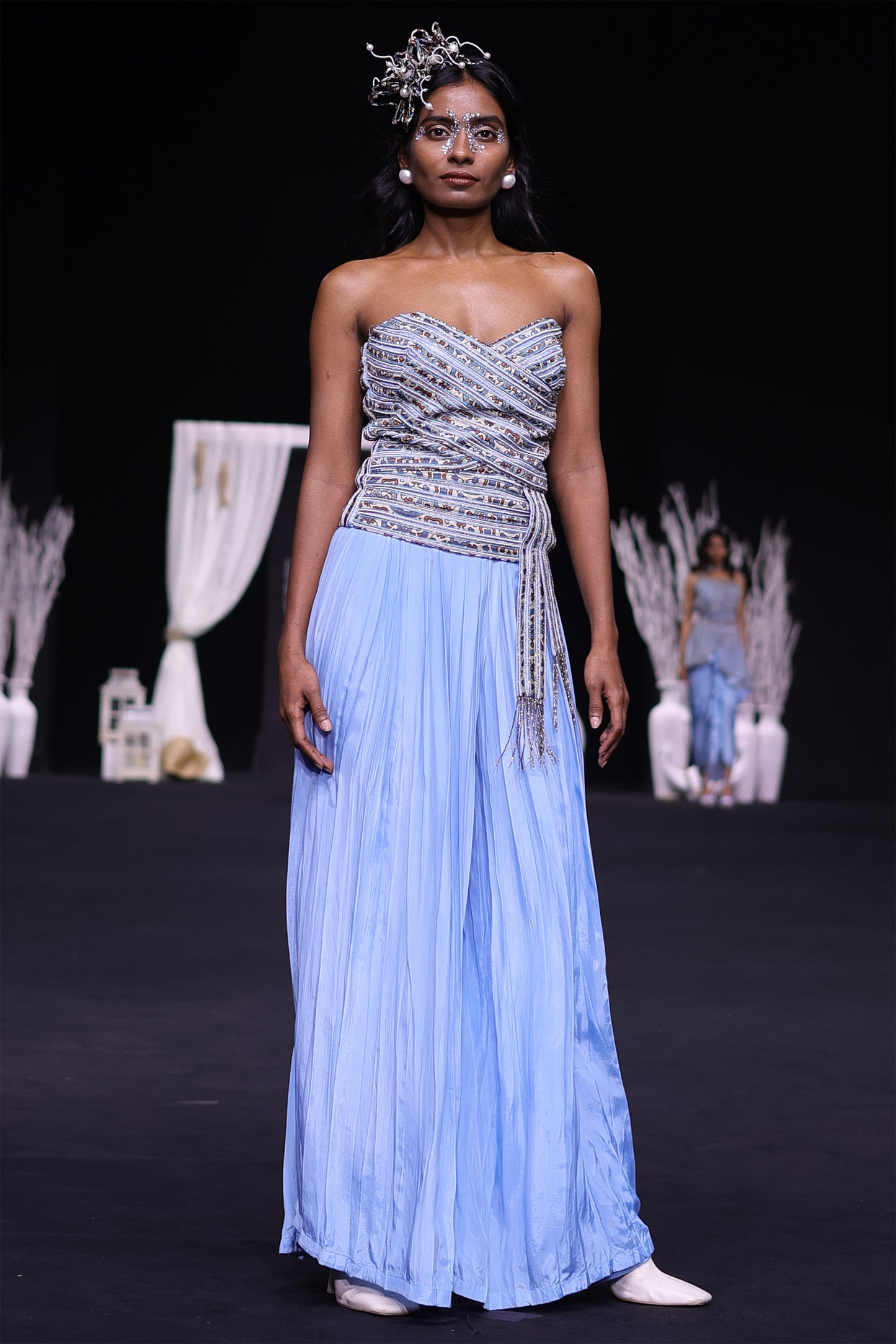 Powder blue ajrakh stripped corset with Pleated pants