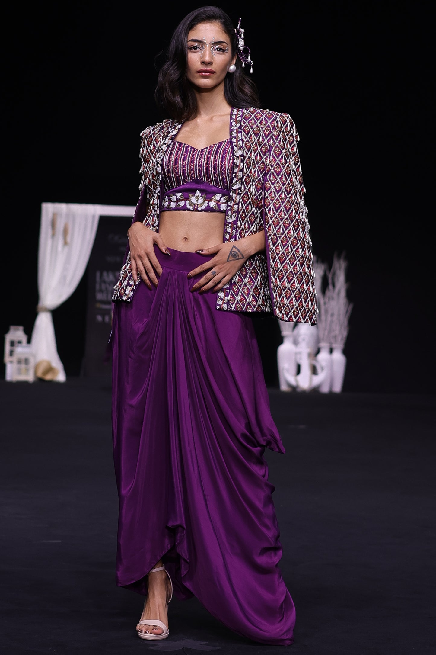 Dark purple Fully embroidered ajrakh cape jacket with heavily embellished blouse and drape skirt