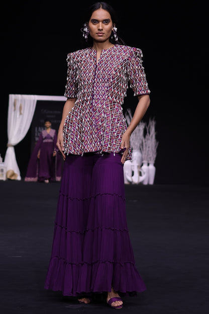 Purple fully embellished ajrakh peplum top with gathered sharara set