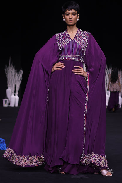 Purple heavily embellished jumpsuit wiwth embroidered cape sleeves