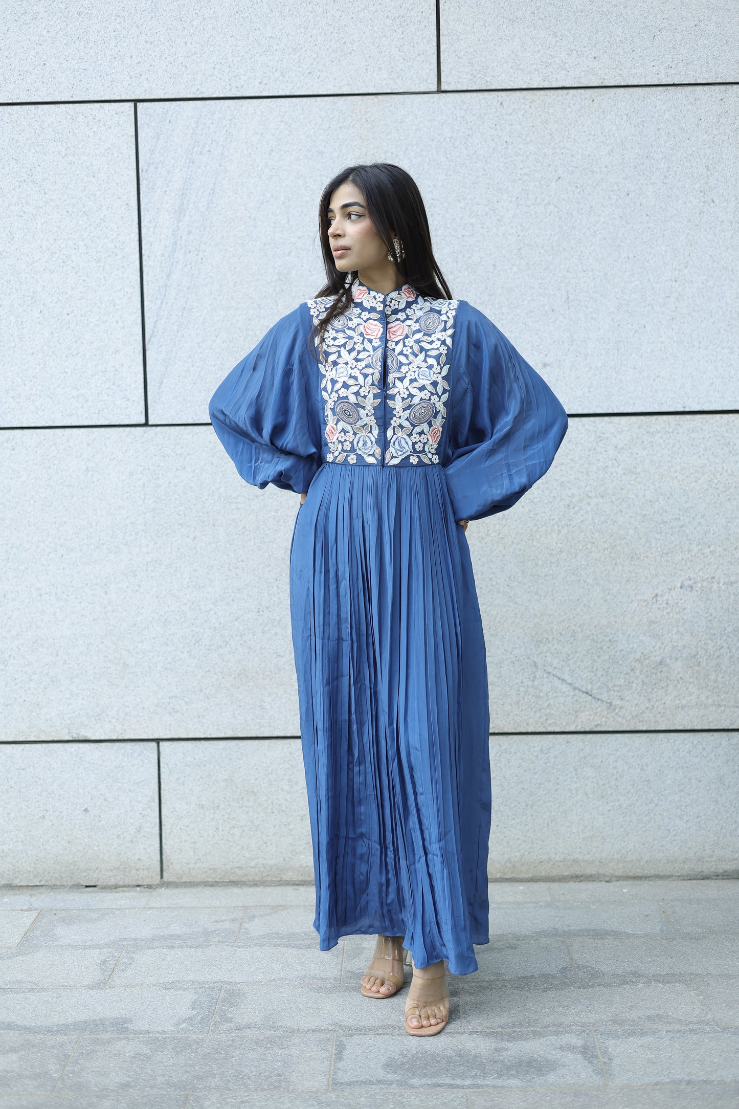 Yashita Chandrashekhar in Blue embroidered butterfly sleeve gathered dress.