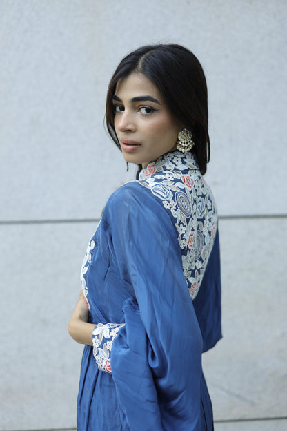 Yashita Chandrashekhar in Blue embroidered butterfly sleeve gathered dress.