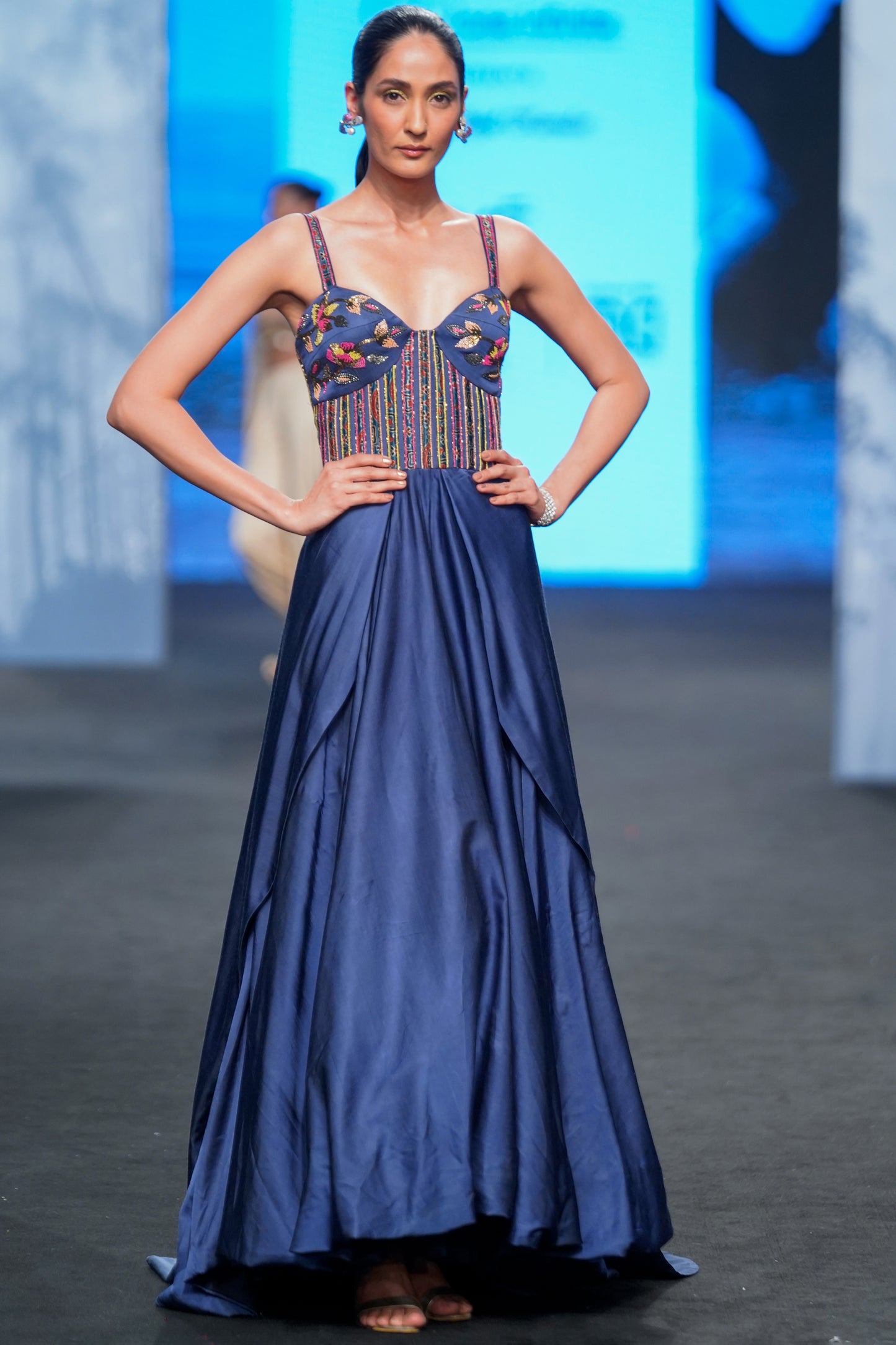 Blue Gajji Silk Embellished Yoke Draped Gown