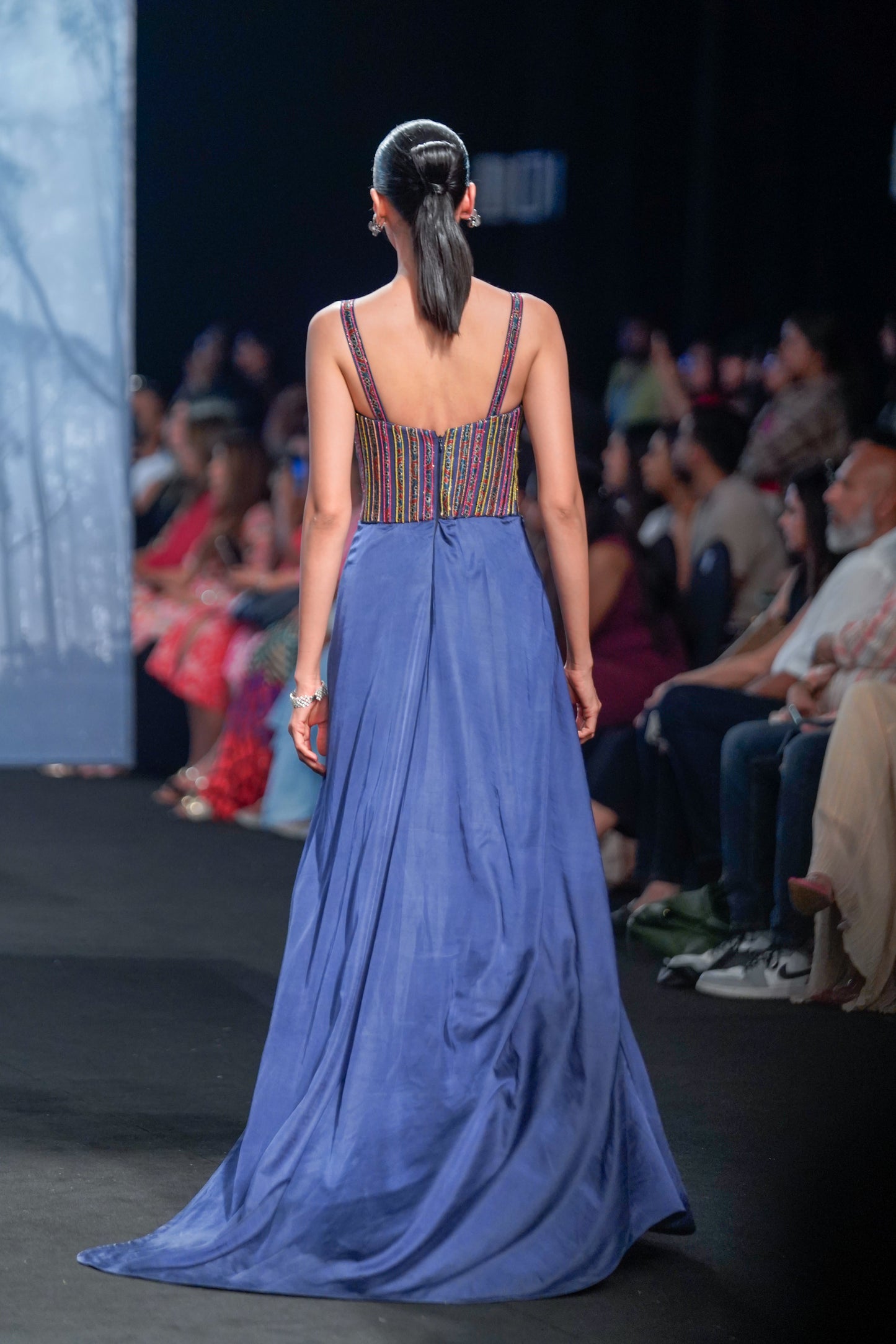 Blue Gajji Silk Embellished Yoke Draped Gown