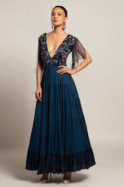 Blue Yoke Embellished Gown