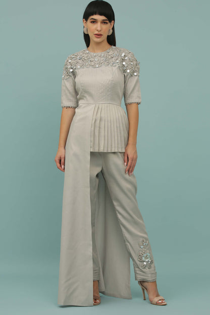 Grey Assymetric Pleated Coord Set