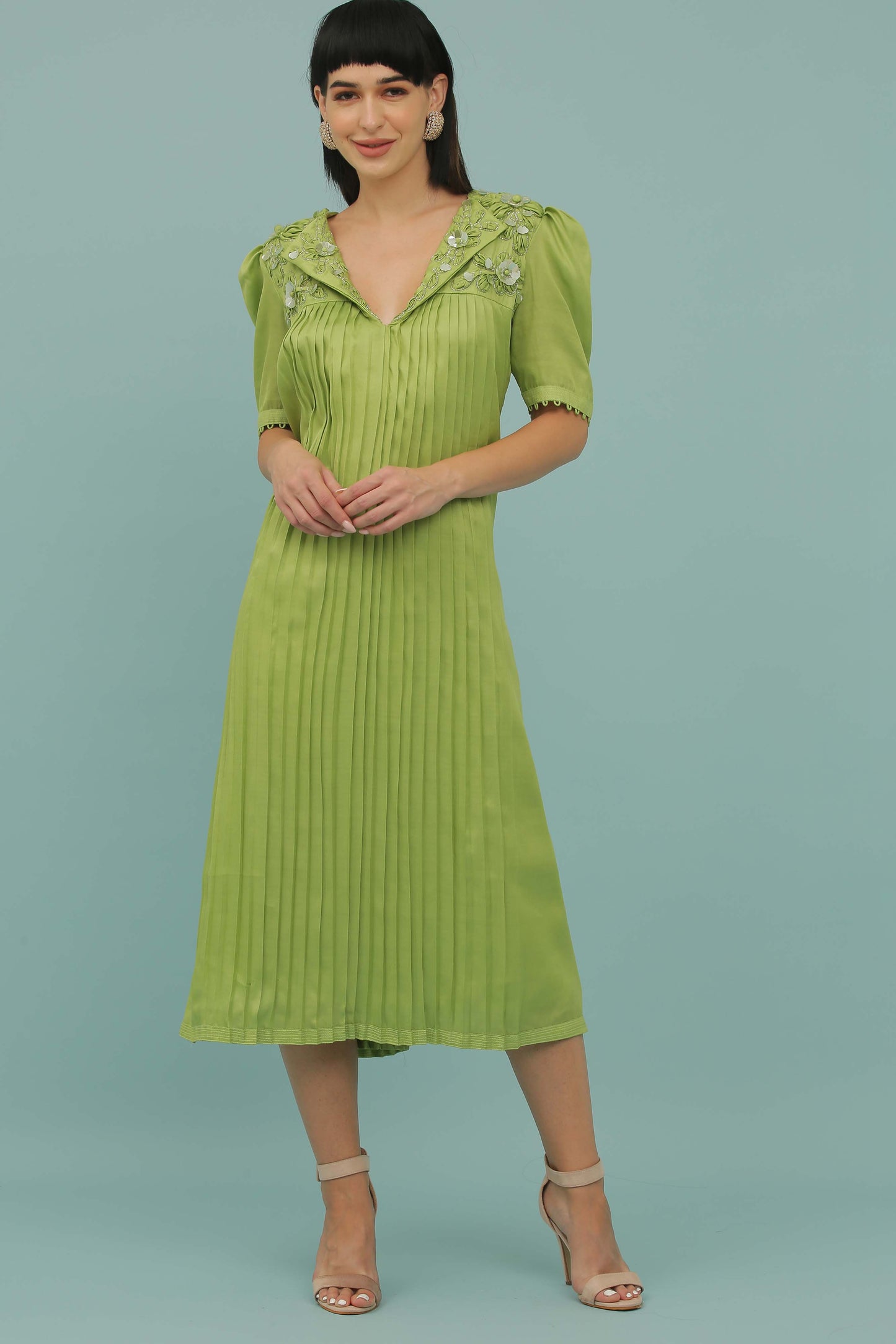 Sheen Green A-Line Collar Pleated Dress