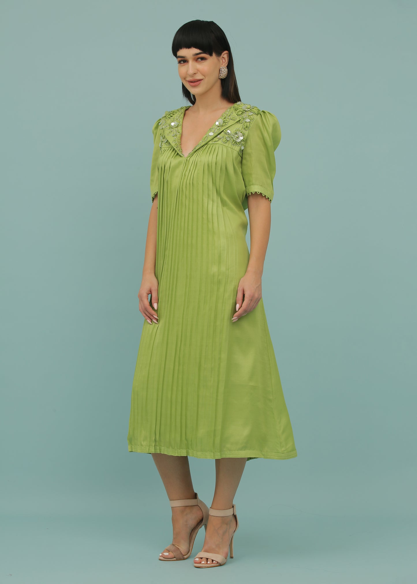 Sheen Green A-Line Collar Pleated Dress