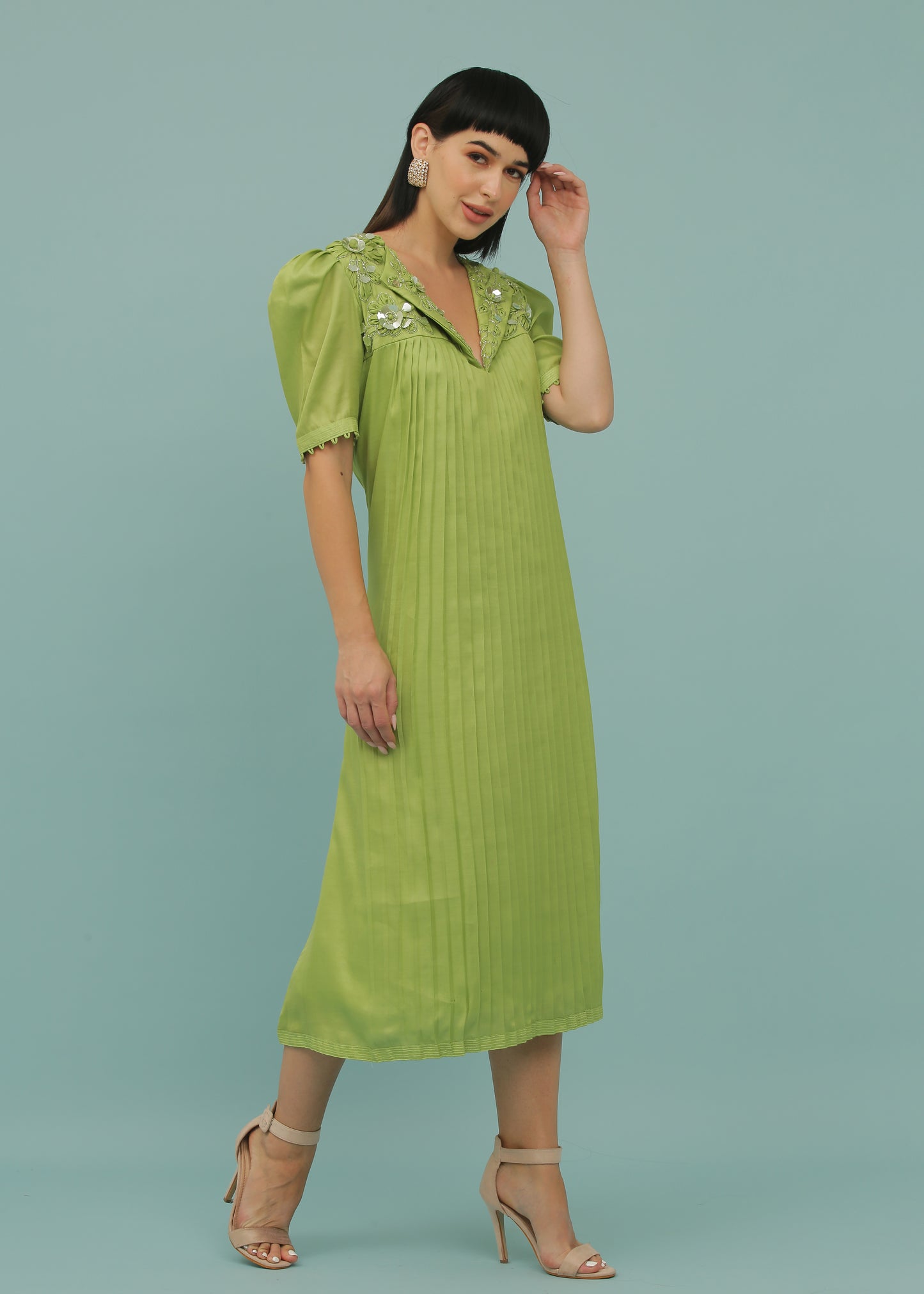 Sheen Green A-Line Collar Pleated Dress