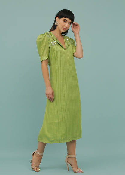 Sheen Green A-Line Collar Pleated Dress