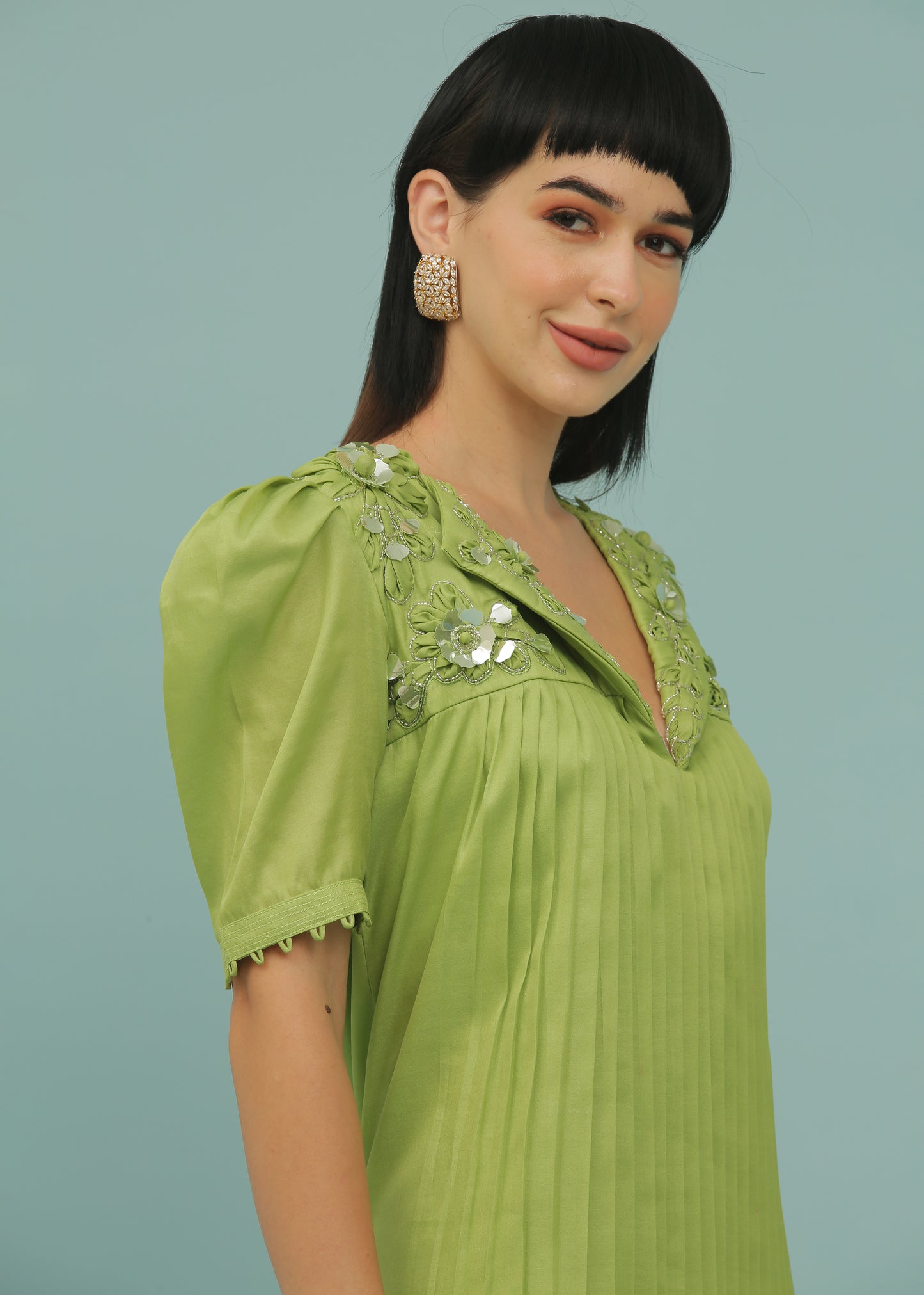 Sheen Green A-Line Collar Pleated Dress