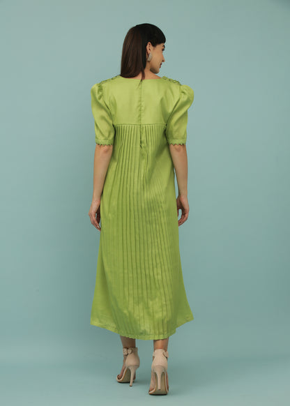 Sheen Green A-Line Collar Pleated Dress