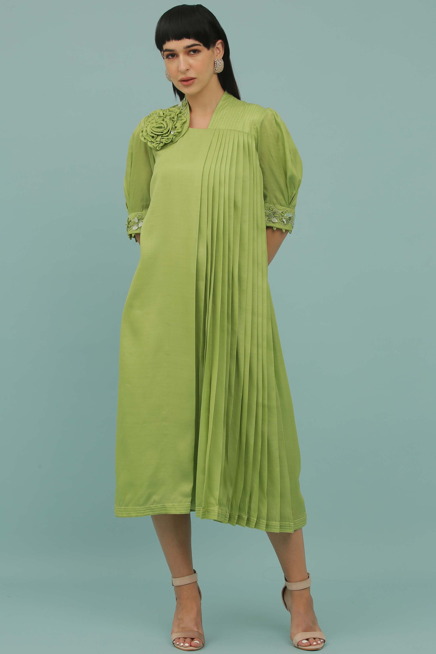 Green Lizard A-Line One Side Pleated Dress