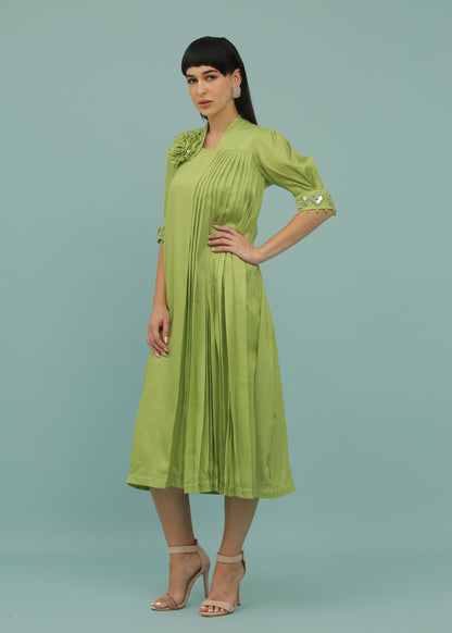 Green Lizard A-Line One Side Pleated Dress