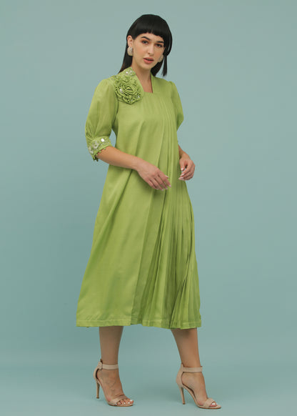 Green Lizard A-Line One Side Pleated Dress