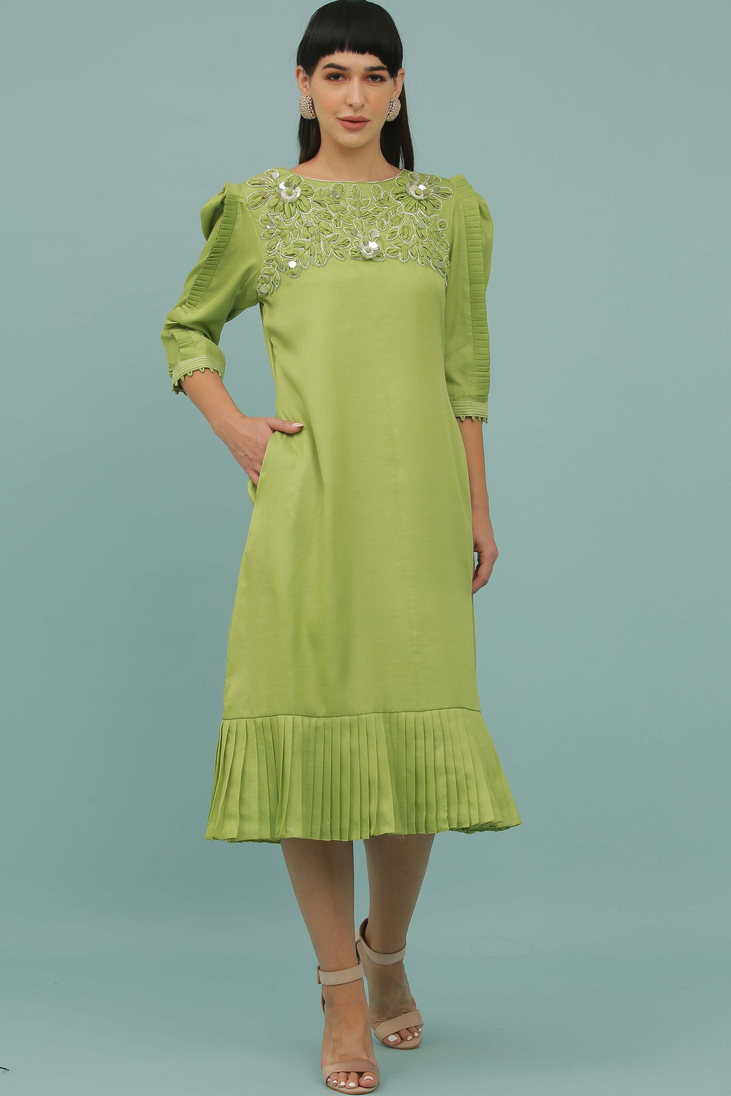 Envy Green A-Line Yoke Embroidered Dress